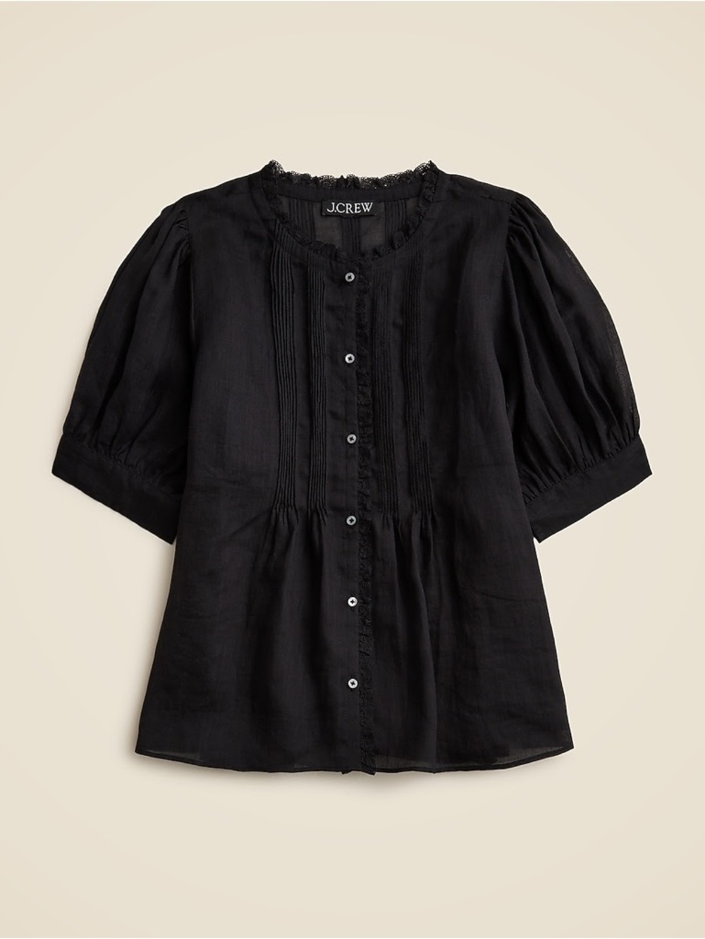 J.Crew Lace-Trim Pintuck Ramie Top in Black | 2X | NWT